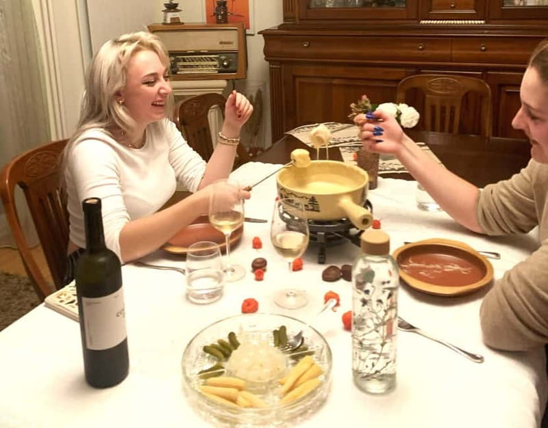 Traditional Swiss Dinner: Cheese Fondue, Appetizers/Dessert - Apéro Hour in Basel Style: Bread, Pickles, Nüsslisalat, Olives, and Spritz